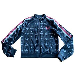True Religion Womens L/G Black Zip-Up Track Jacket With Red & White Stripe Sleev